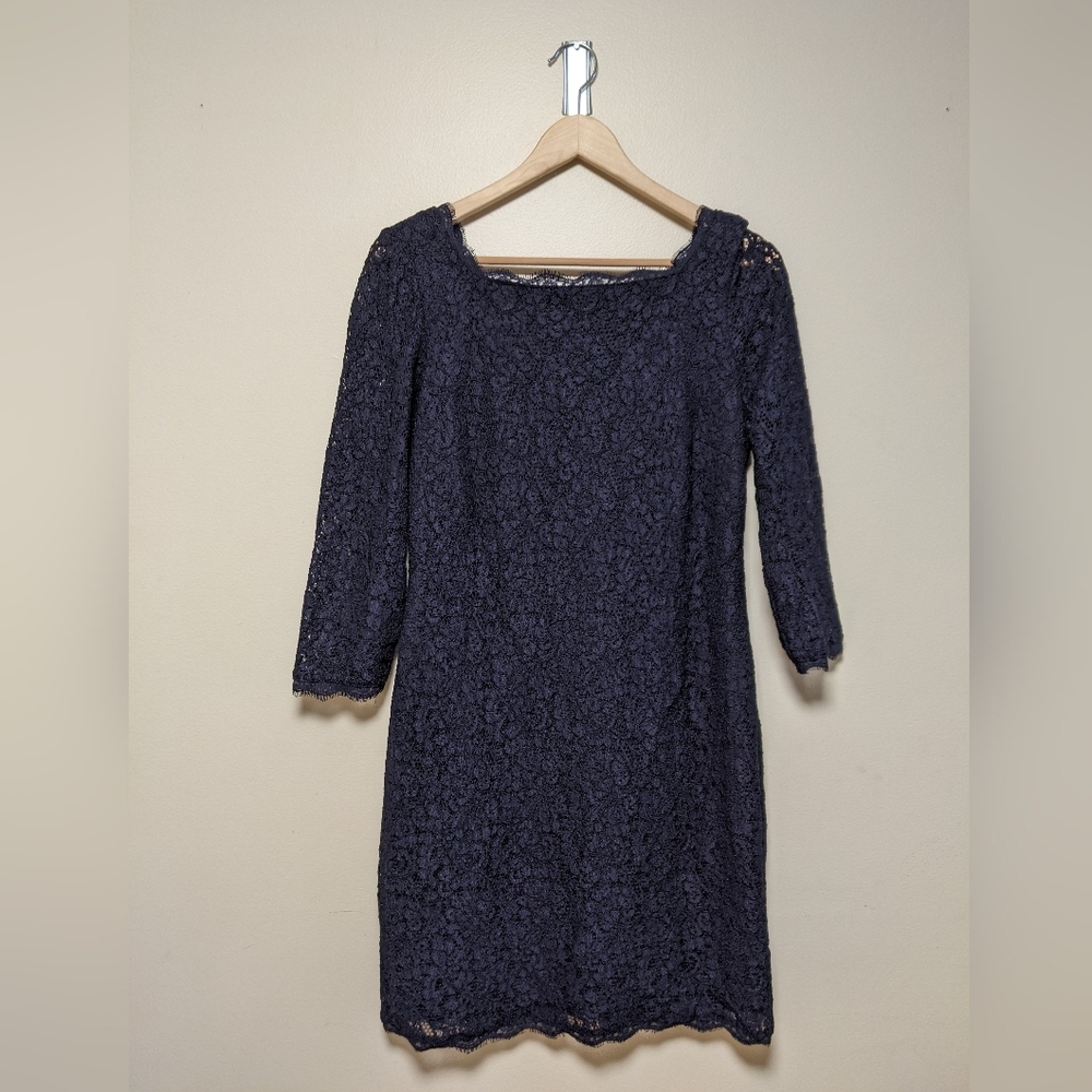 Adrianna Papell Navy Lace Cocktail Dress – Size 14 – Dark, Lacy, and Dangerous